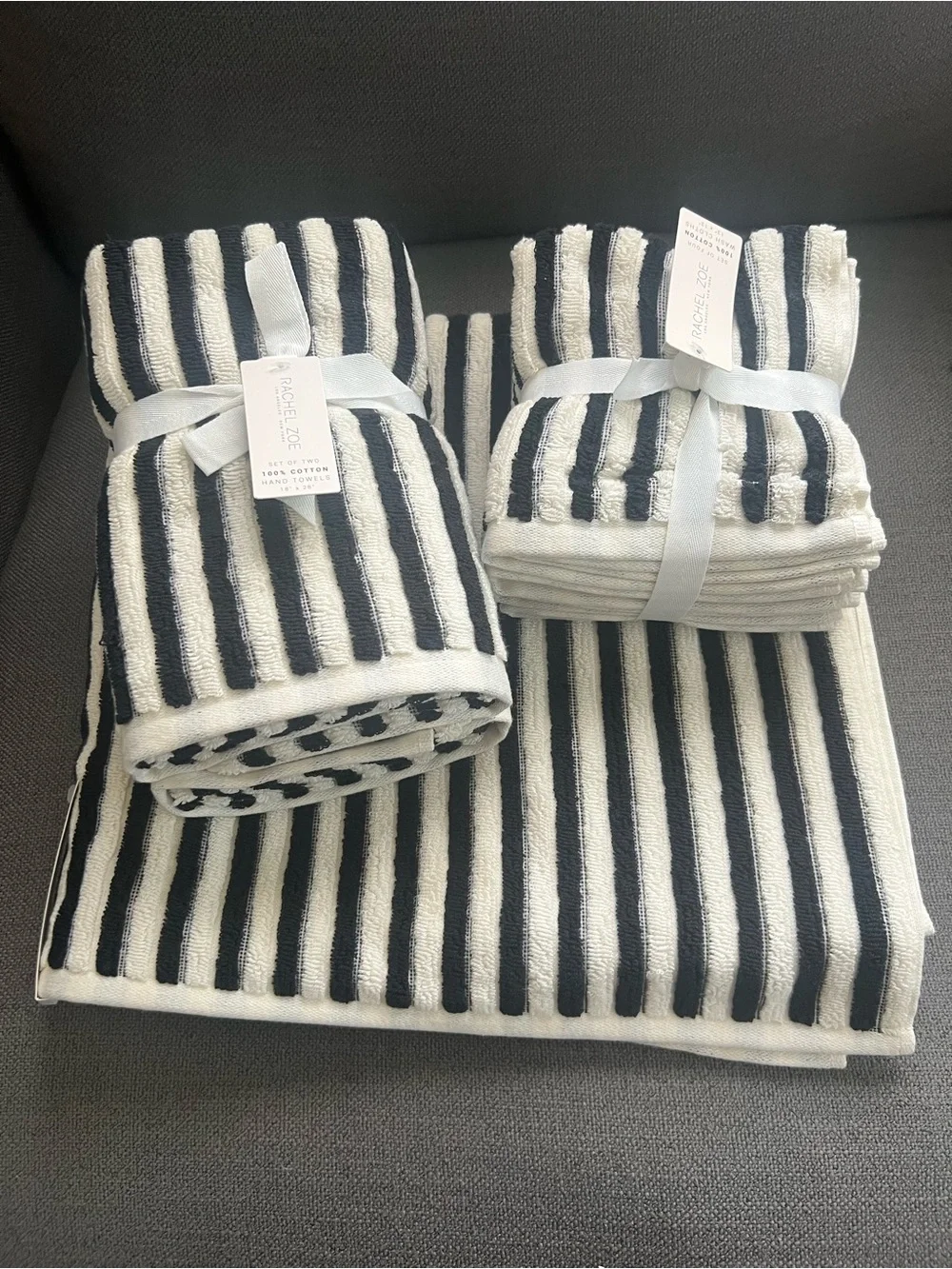8 pc Rachel Zoe Rainbow Bath towel Set Stripe Cotton Hand Towels black